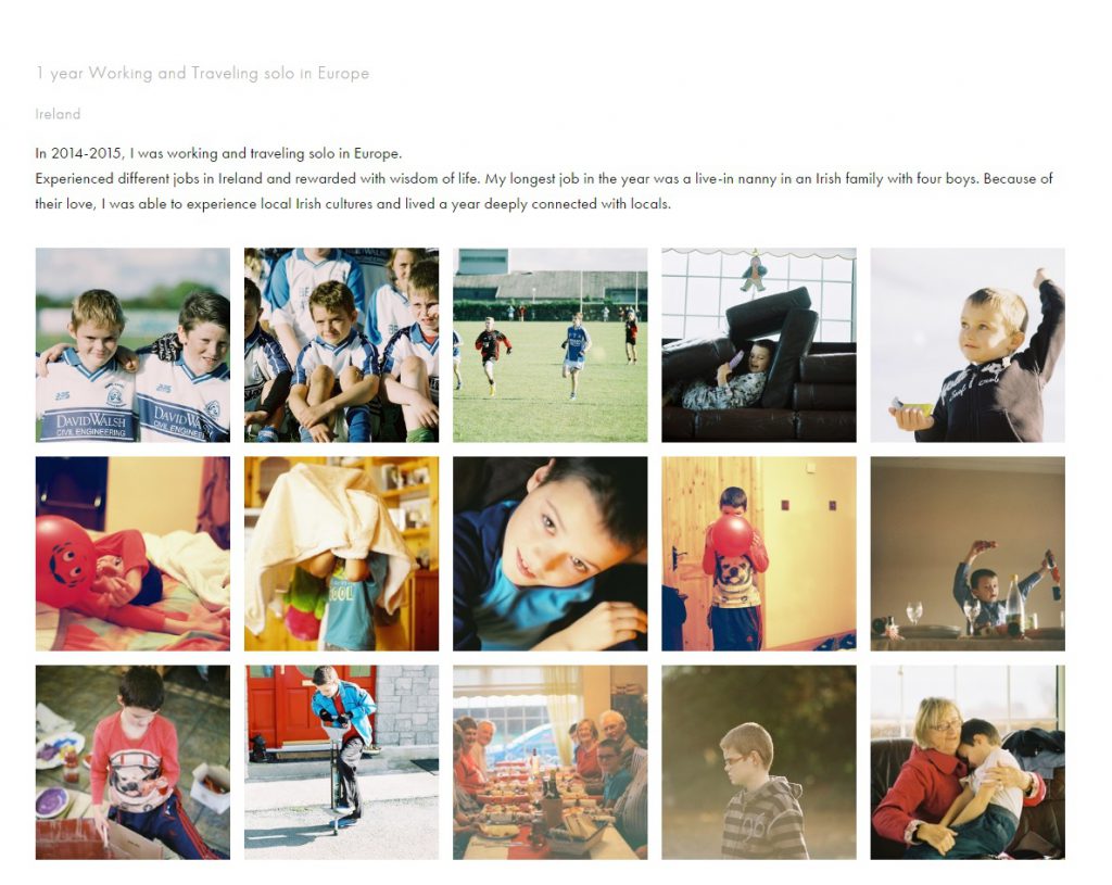 庾穎妍把在愛爾蘭當互惠生時拍下的相片放上個人網頁，與人分享她當時的生活。（網頁截圖）