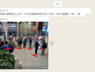 WhatsApp傳來虛假訊息，聲稱多人因入商場無掃安心出行被罰款一萬，並附上一幅多人被疑似便衣警員截查的圖片。