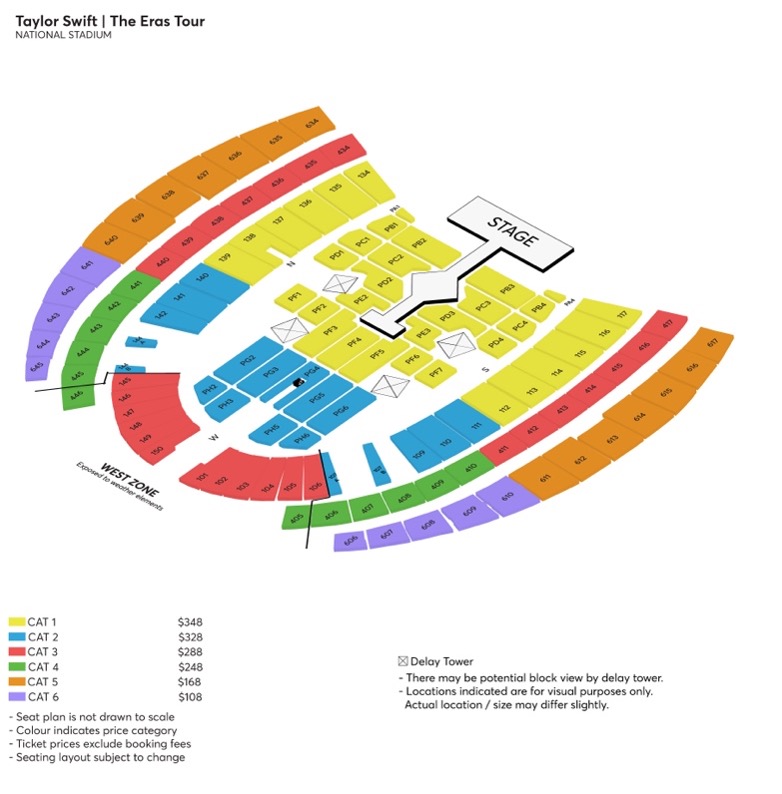 Taylor Swift演唱會新加坡站共分為六個區域，六場演出共售出約30萬張門票。（網上圖片）