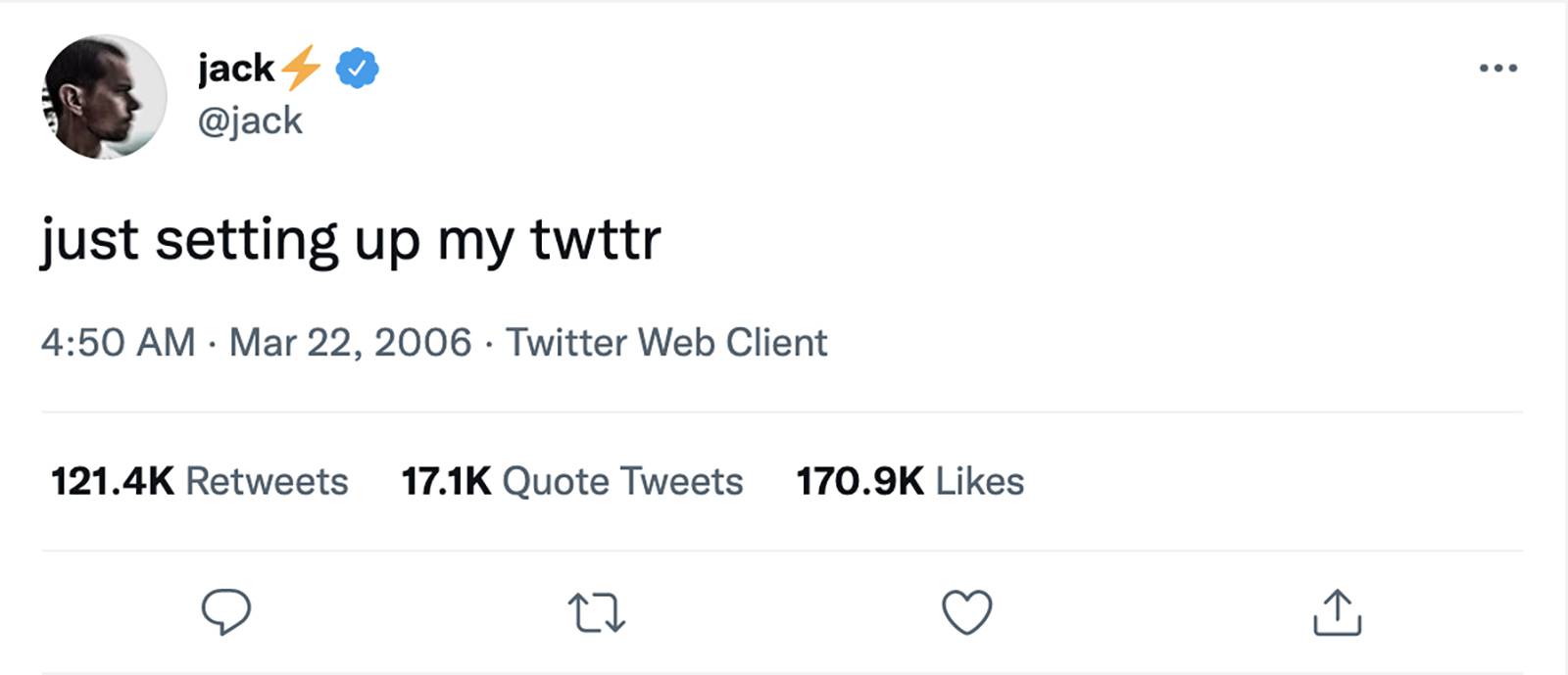 Twitter創辦人多爾西（Jack Dorsey）將Twitter上的第一則貼文以NFT形式出售，當時成交價超過2,000萬港幣。（圖片來源：螢幕截圖自多爾西的Twitter帳戶）